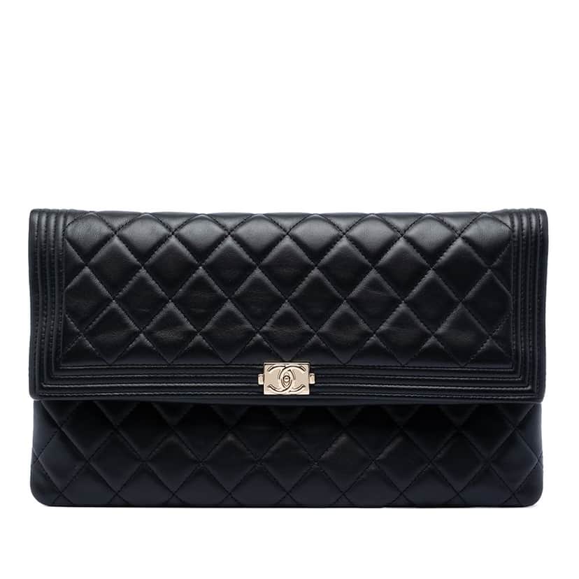 Chanel CC Quilted Lambskin Beauty Foldover Boy Clutch Black Leather Very good condition - Front View