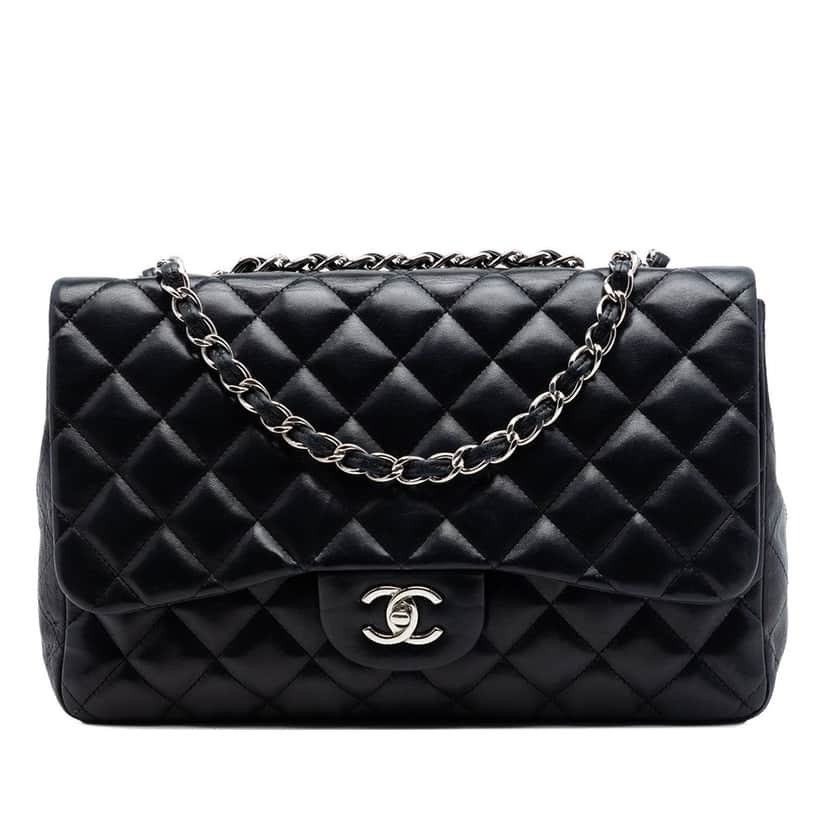 Chanel Jumbo Classic Lambskin Single Flap Black Leather Very good condition - Front View