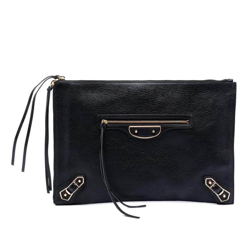 Balenciaga Goatskin Motocross Classic Metallic Edge Clutch Black Leather Very good condition - Front View
