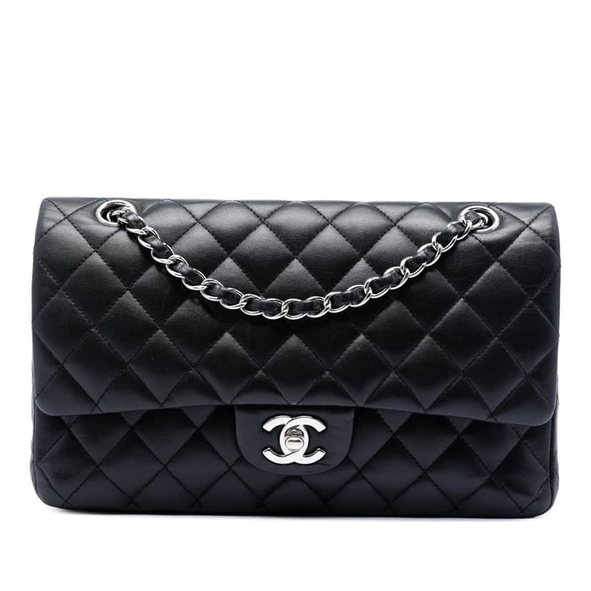 Chanel Medium Classic Lambskin Double Flap Black Leather Very good condition - Front View