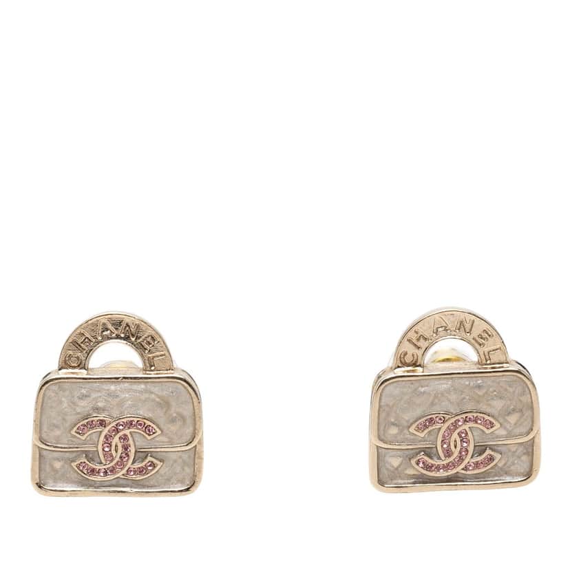Chanel CC Brass Resin Strass Top Handle Bag Push Back Earrings Gold Metal Very good condition - Front View