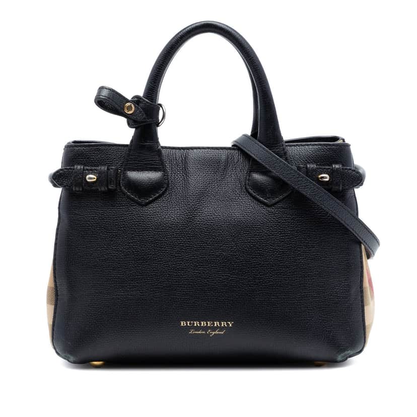 Burberry Small Derby Calfskin and House Check Banner Satchel Black Leather Very good condition - Front View
