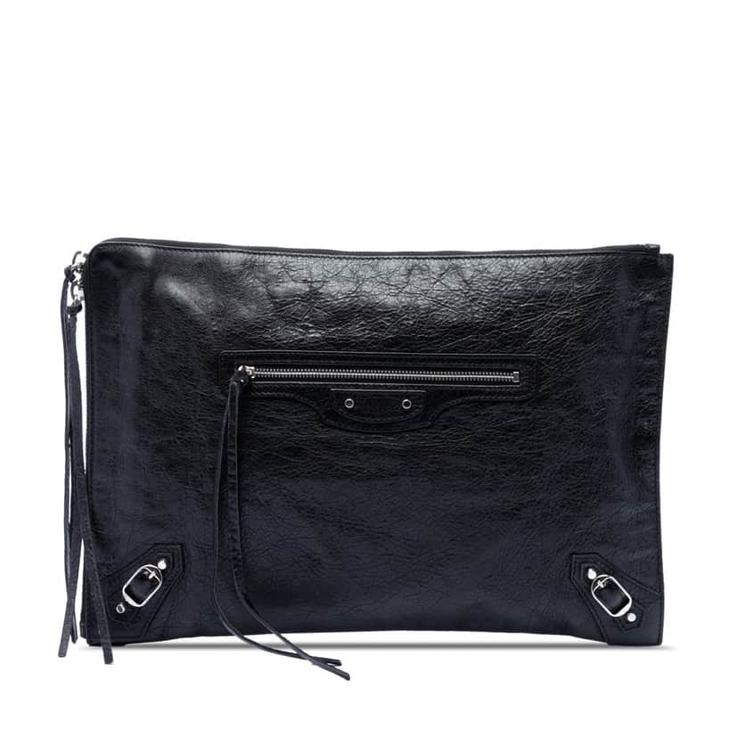 Balenciaga Lambskin Motocross Classic Zip Around Flat Clutch Black Leather Very good condition - Front View