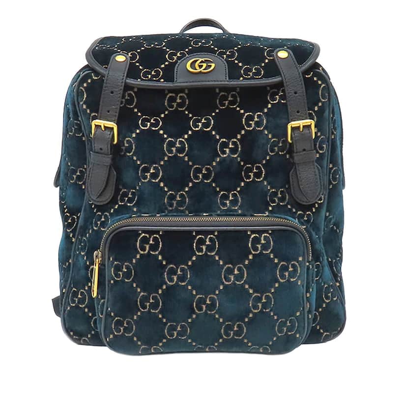 Gucci GG Velvet Double Buckle Backpack Blue Very good condition - Front View