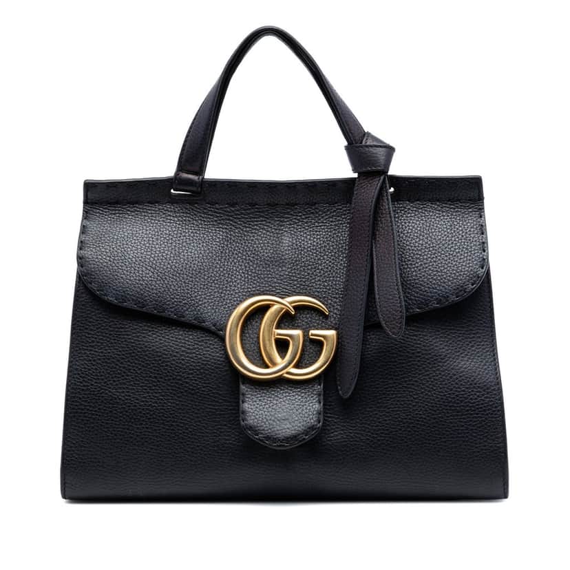 Gucci Small GG Marmont Grained Calfskin Top Handle Satchel Black Leather Very good condition - Front View