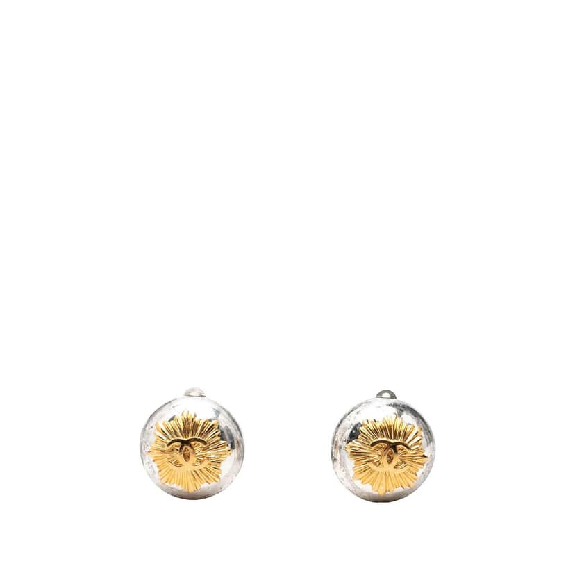 Chanel CC Brass and Gold Plated Sunburst Round Clip On Earrings Silver Metal Very good condition - Front View