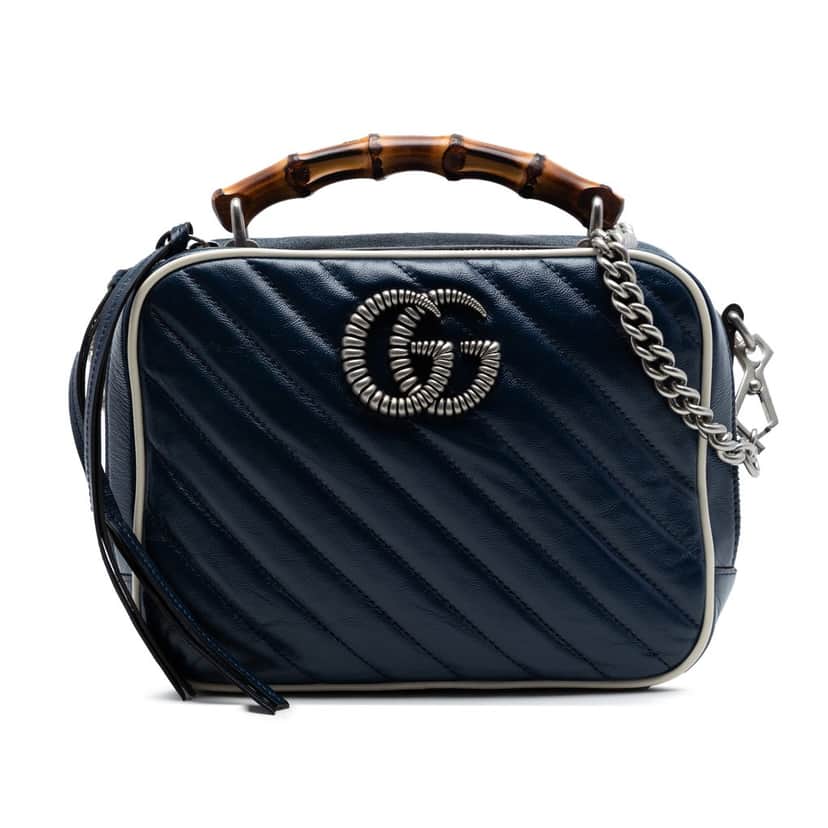 Gucci Small GG Marmont Matelasse Diagonal Leather Torchon Bamboo Satchel Blue Leather Very good condition - Front View