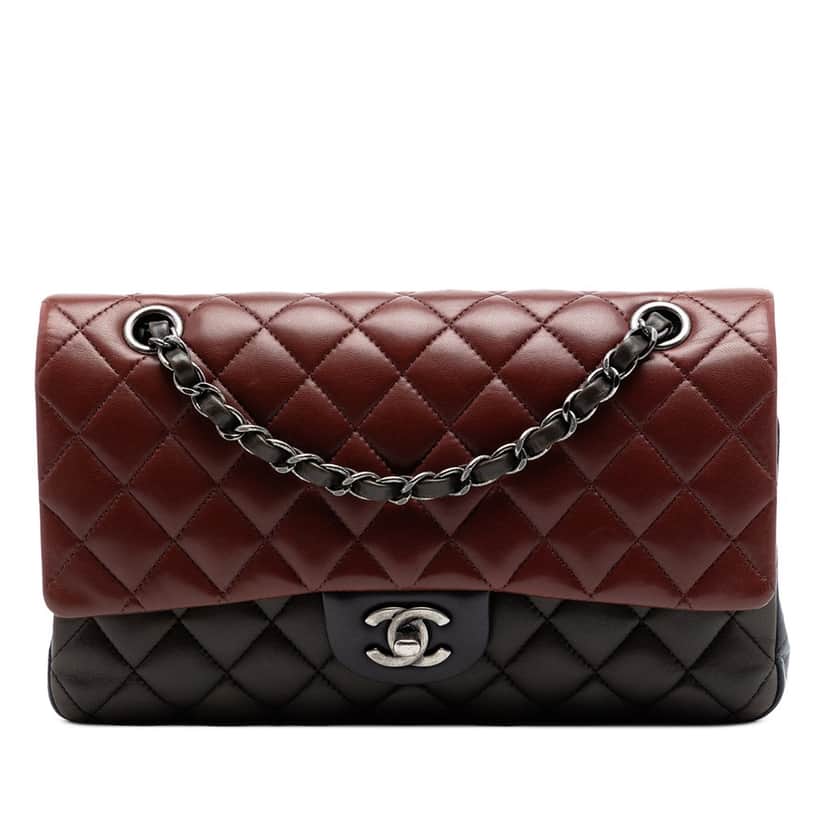 Chanel Medium Classic Tricolor Lambskin Double Flap Red Leather Very good condition - Front View