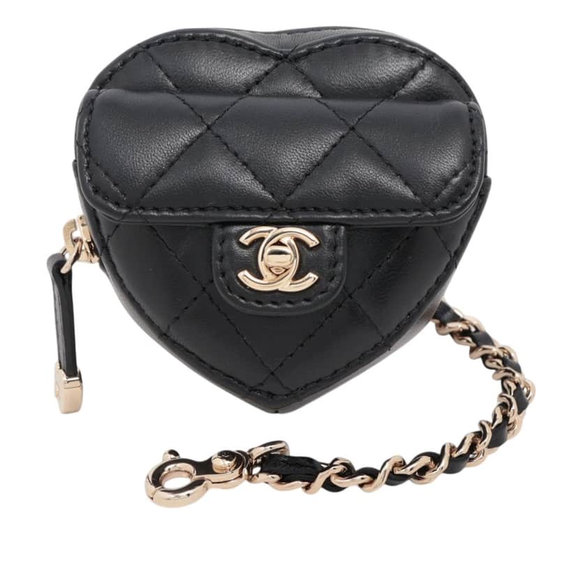 Chanel Mini Lambskin CC in Love Heart Key Chain and Bag Charm Black Leather Very good condition - Front View