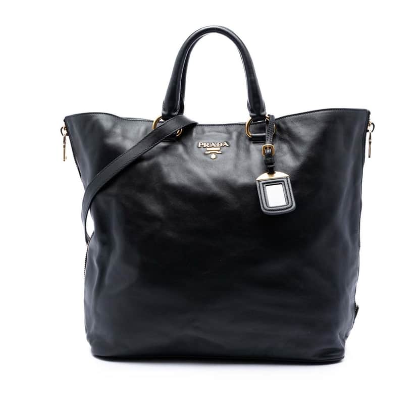 Prada Soft Calf Side Zip Open Convertible Tote Black Leather Very good condition - Front View