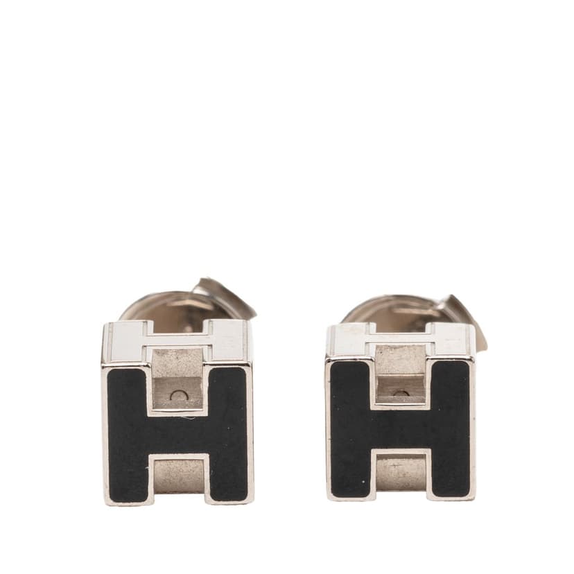 Hermès Palladium Plated Enamel Cage D H Push Back Earrings
