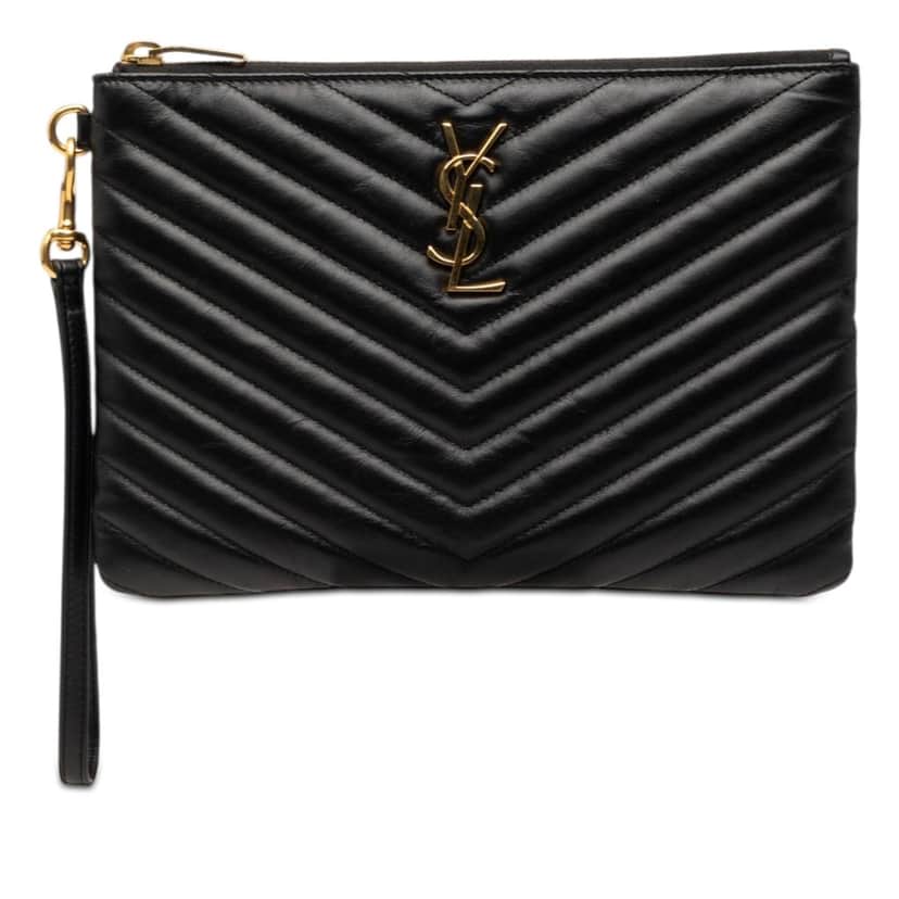 Saint Laurent Chevron Leather Monogram Zip A5 Wristlet Pouch Black Leather Very good condition - Front View