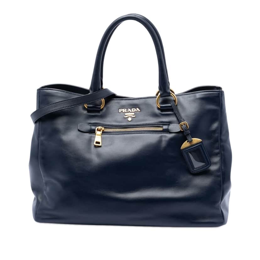 Prada Soft Calfskin Shopping Tote Blue Leather Very good condition - Front View