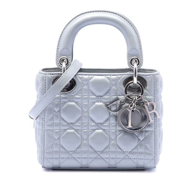 Dior Mini Iridescent Lambskin Cannage Lady Dior Silver Leather Very good condition - Front View