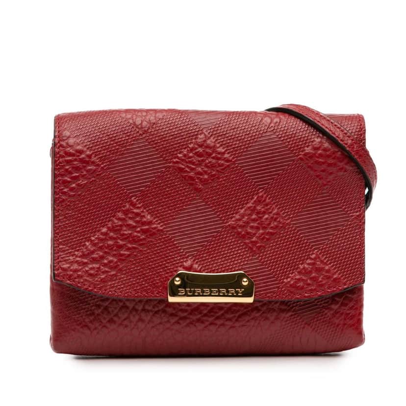 Burberry Embossed Grain Check Leather Langley Crossbody Red Leather Very good condition - Front View