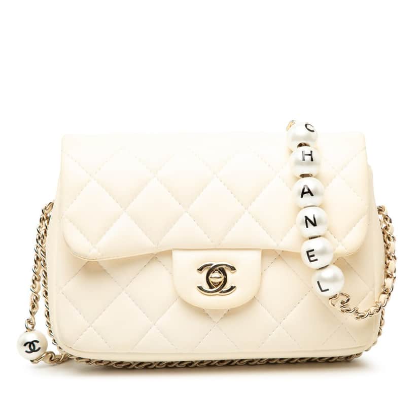 Chanel Mini Quilted Lambskin My Precious Pearls Chain Flap White Leather Very good condition - Front View