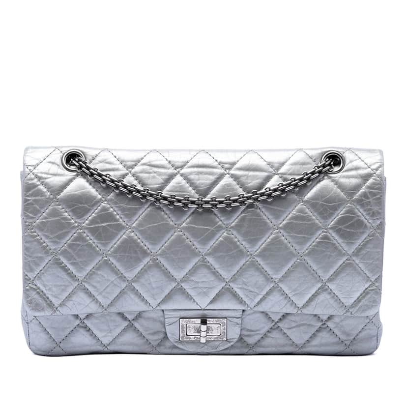 Chanel Quilted Metallic Aged Calfskin Reissue 2.55 Double Flap 227 Silver Leather Very good condition - Front View
