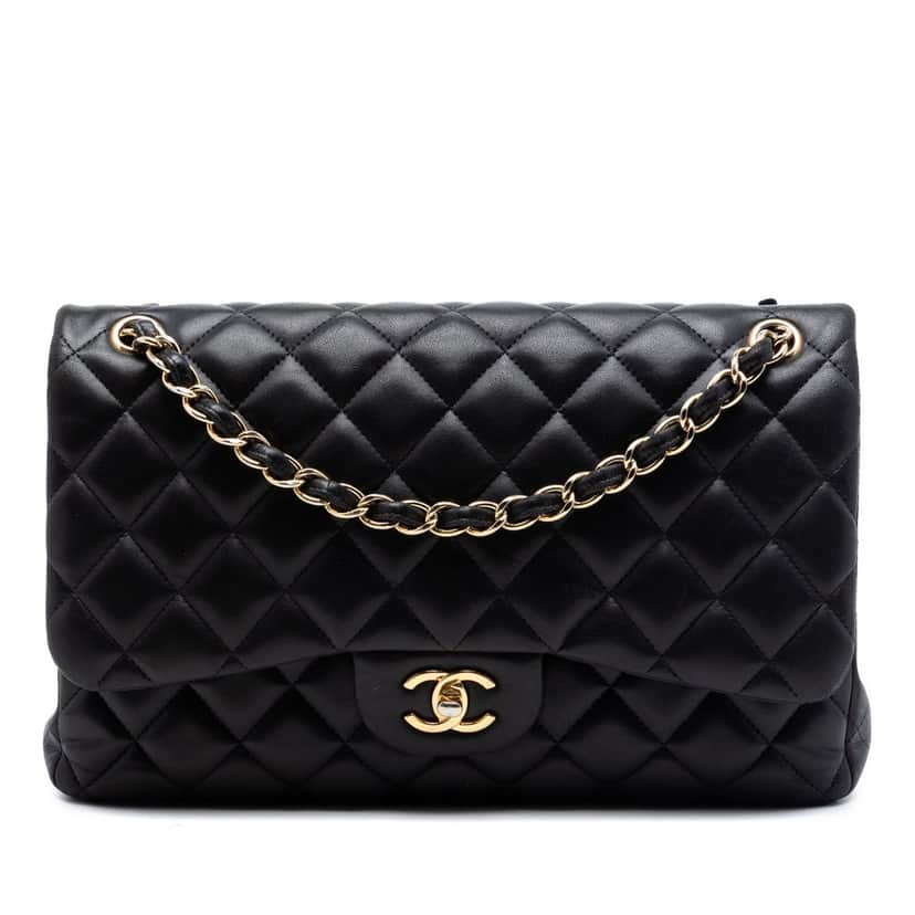 Chanel Jumbo Classic Lambskin Double Flap Black Leather Very good condition - Front View
