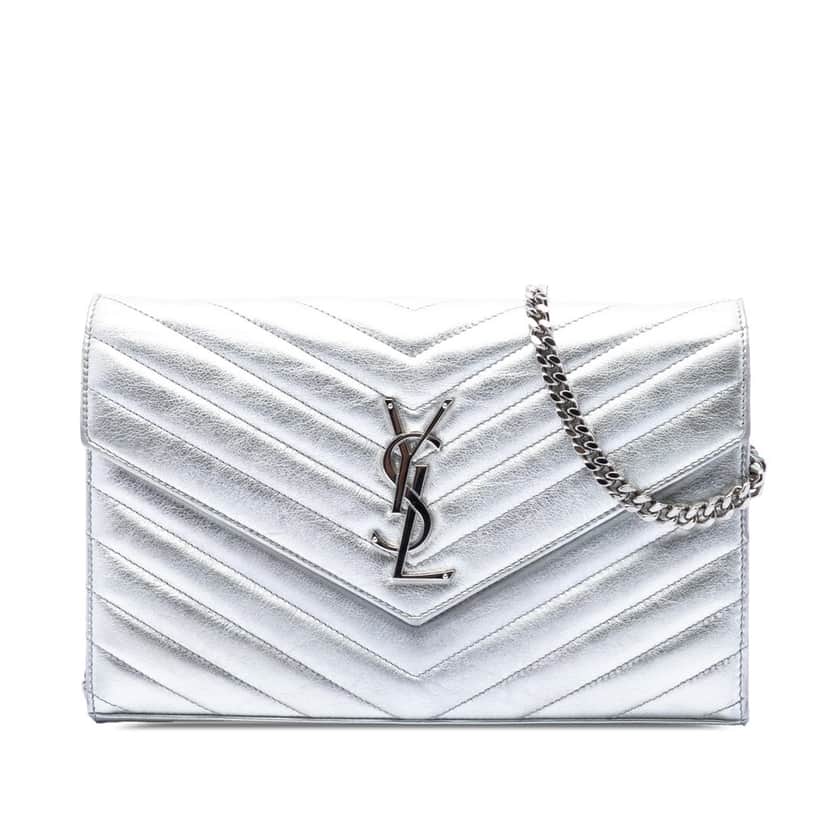 Saint Laurent Metallic Calfskin Matelasse Chevron Monogram Chain Wallet Silver Leather Very good condition - Front View