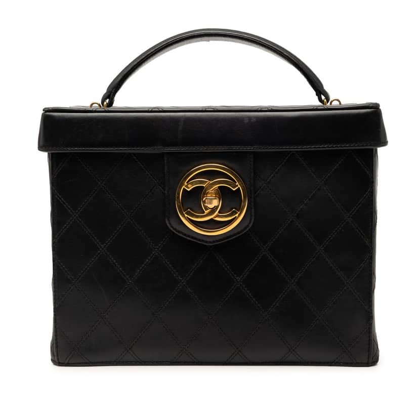 Chanel CC Stitched Calfskin Turnlock Vanity Case Black Leather Very good condition - Front View