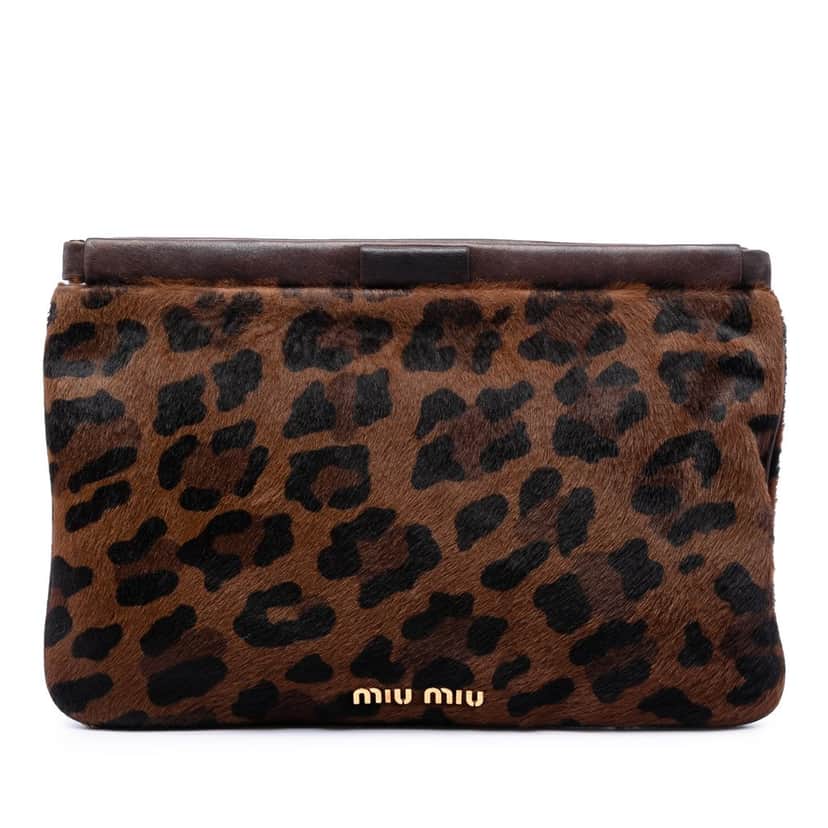 Miu Miu Leopard Printed Calfskin Hair Frame Clutch Brown Very good condition - Front View