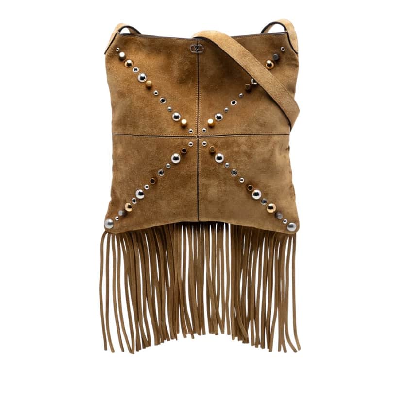 Valentino Suede Studded Nellcote Fringe Crossbody Brown Leather Very good condition - Front View