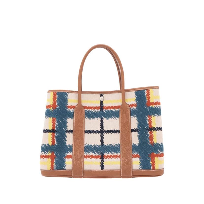 Hermès Toile and Negonda Tartan Cross Garden Party 36 Beige Very good condition - Front View