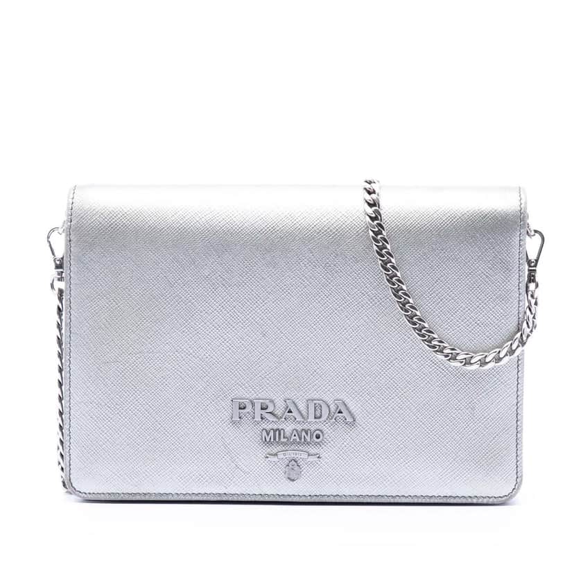 Prada Metallic Saffiano Lux Wallet on Chain Silver Leather Very good condition - Front View