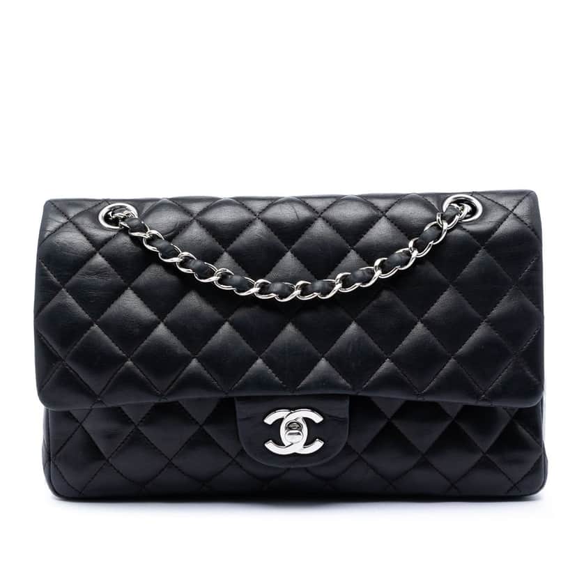 Chanel Medium Classic Lambskin Double Flap Black Leather Very good condition - Front View