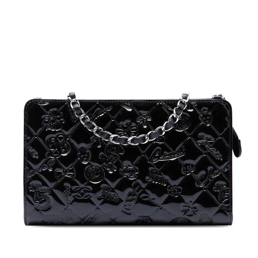 Chanel Quilted Patent Embossed Lucky Symbols Pochette Black Leather Very good condition - Front View