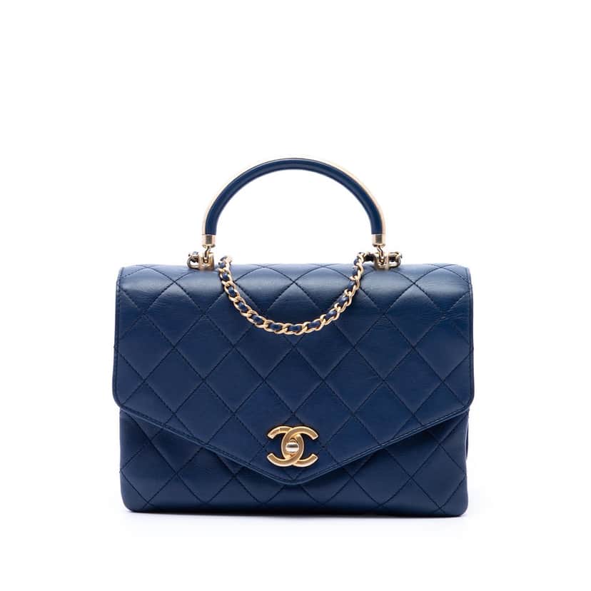 Chanel CC Quilted Calfskin Metal Top Handle Envelope Flap Blue Leather Very good condition - Front View