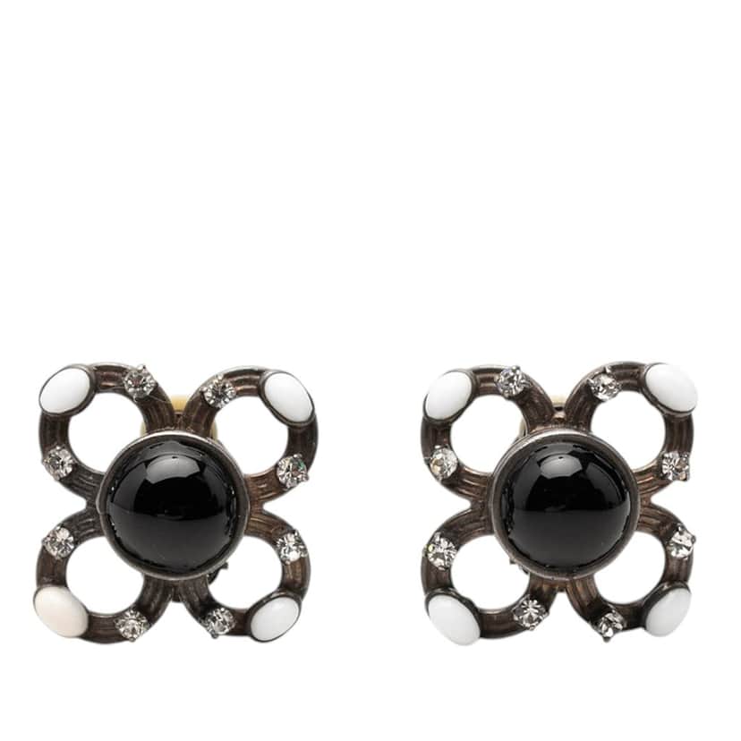 Chanel Brass Cabochon Enamel Strass Clip On Earrings Silver Metal Very good condition - Front View