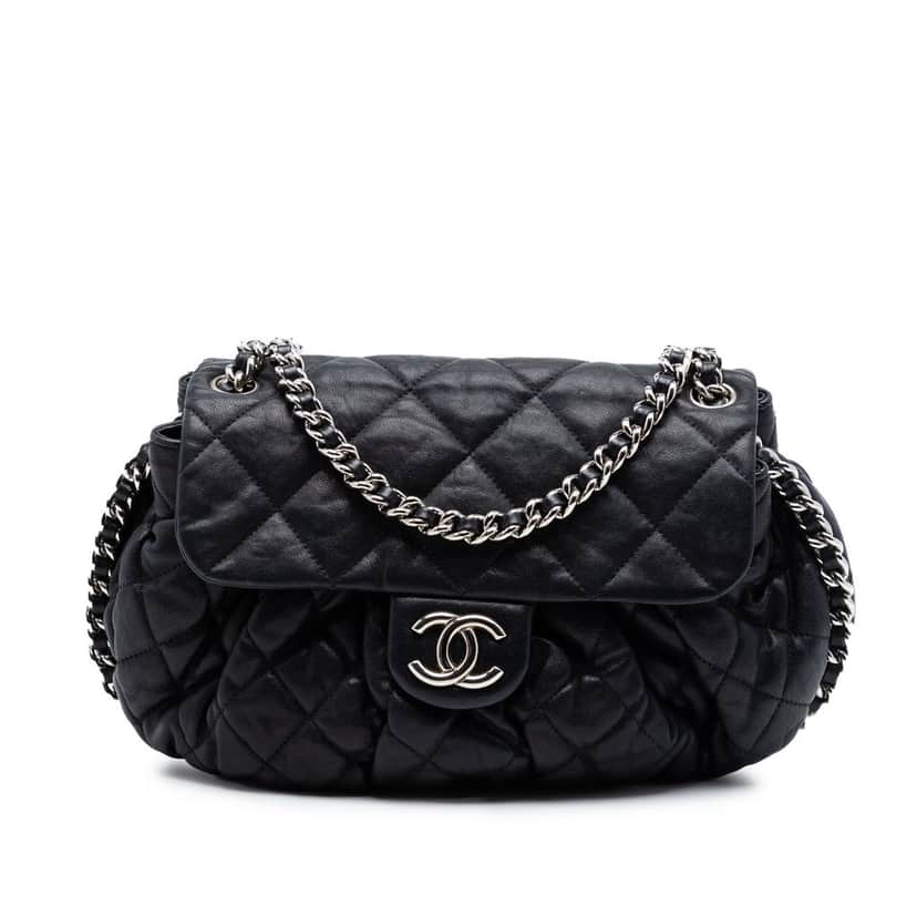 Chanel CC Quilted Lambskin Chain Around Flap Black Leather Very good condition - Front View