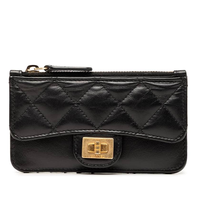 Chanel Quilted Aged Calfskin Reissue 2.55 Flap Card Holder Black Leather Very good condition - Front View