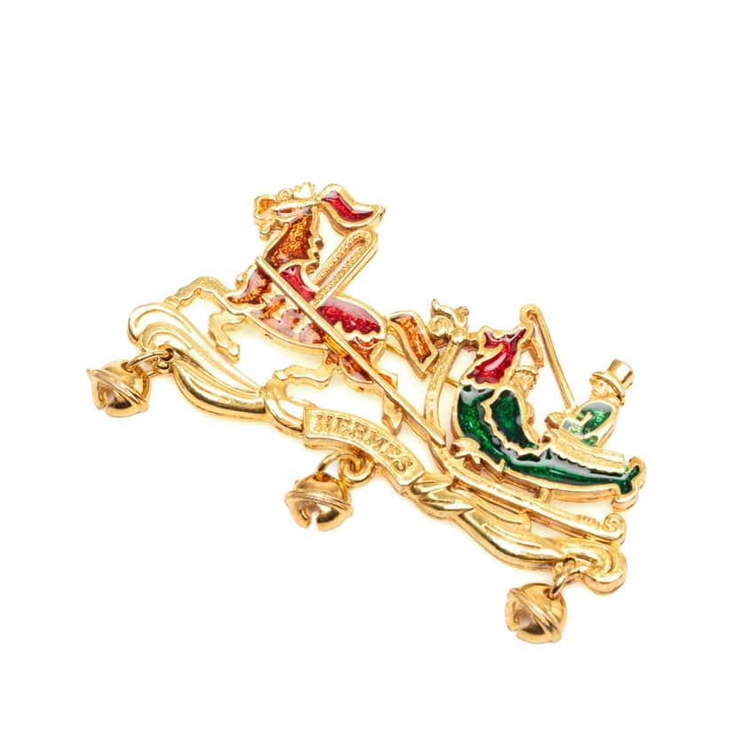 Hermès Gold Plated and Enamel Christmas Carriage Brooch Gold Metal Very good condition - Front View