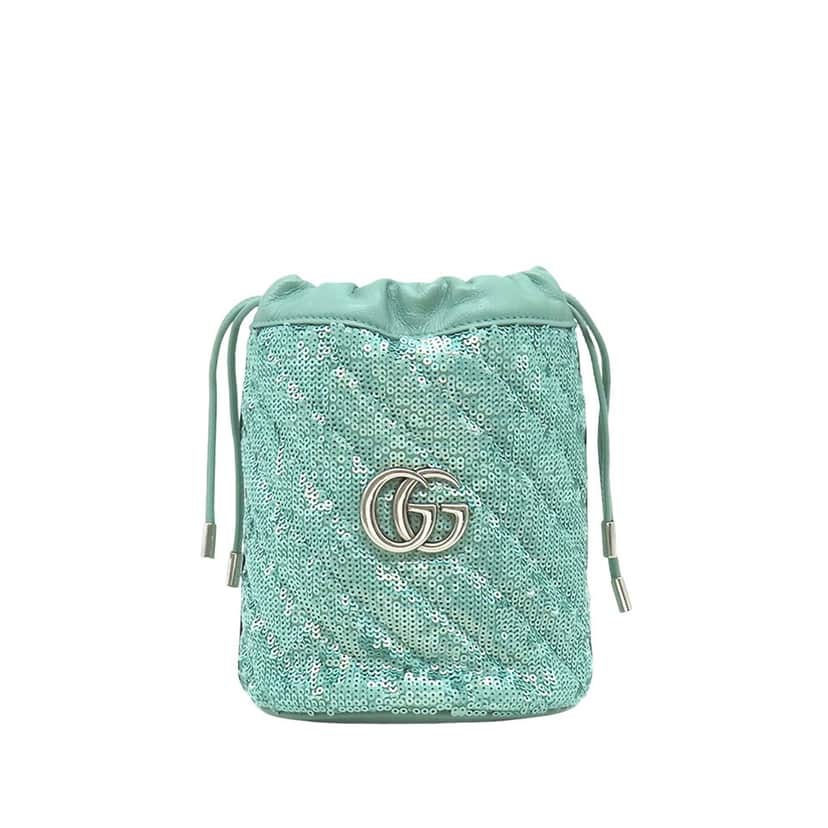 Gucci Small GG Marmont Sequined Diagonal Leather Matelasse Bucket Bag Green Leather Very good condition - Front View