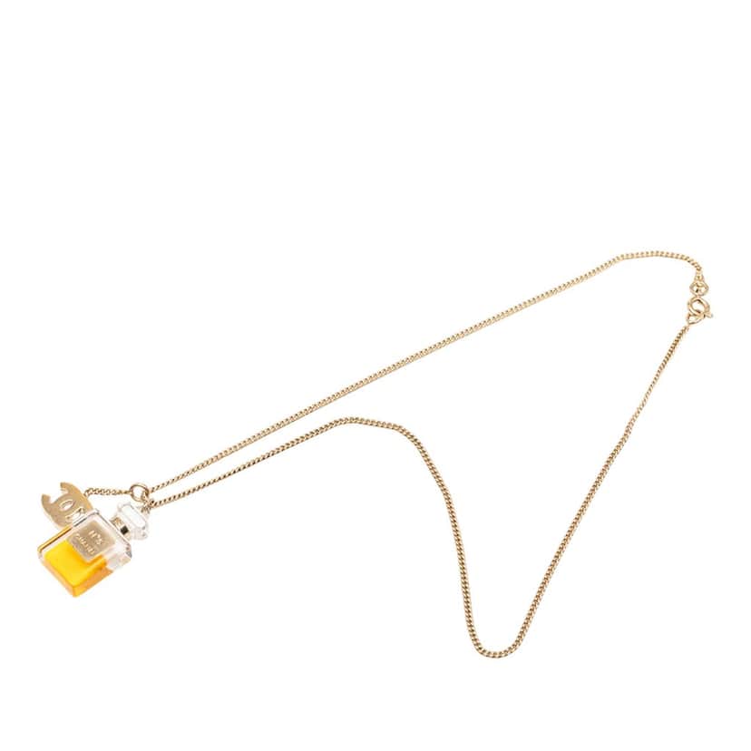 Chanel CC Gold Plated Perfume Bottle Pendant Necklace Gold Metal Very good condition - Front View