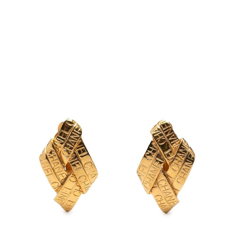 Chanel Gold Plated Logo Diamond Clip On Earrings Gold Metal Very good condition - Front View