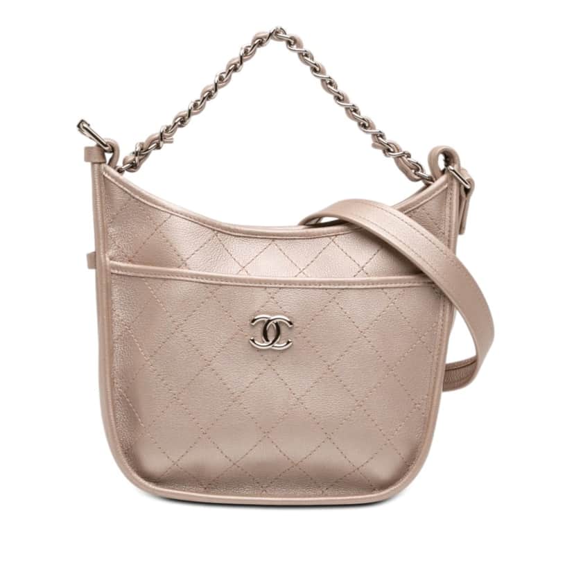 Chanel Small Quilted Metallic Calfskin Jungle Stroll Hobo Pink Leather Very good condition - Front View