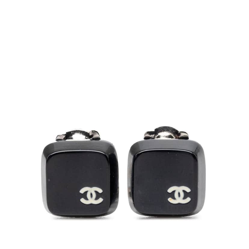 Chanel CC Resin Square Clip On Earrings Black Plastic Very good condition - Front View