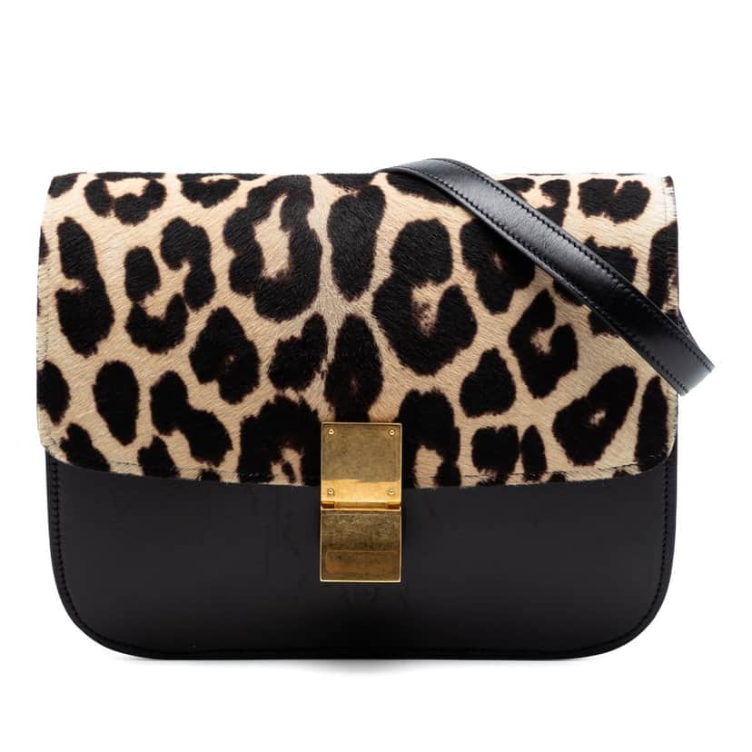 Celine Medium Calfskin and Leopard Print Pony Hair Classic Box Black Leather Very good condition - Front View