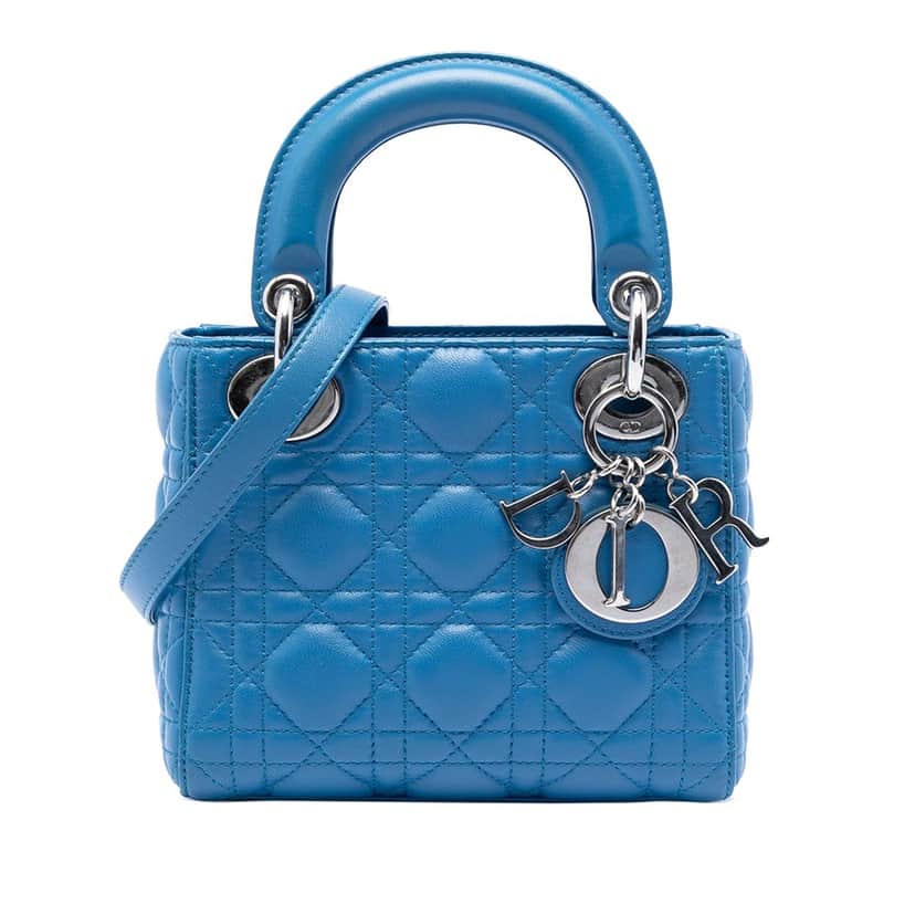 Dior Mini Lambskin Cannage Lady Dior Blue Leather Very good condition - Front View