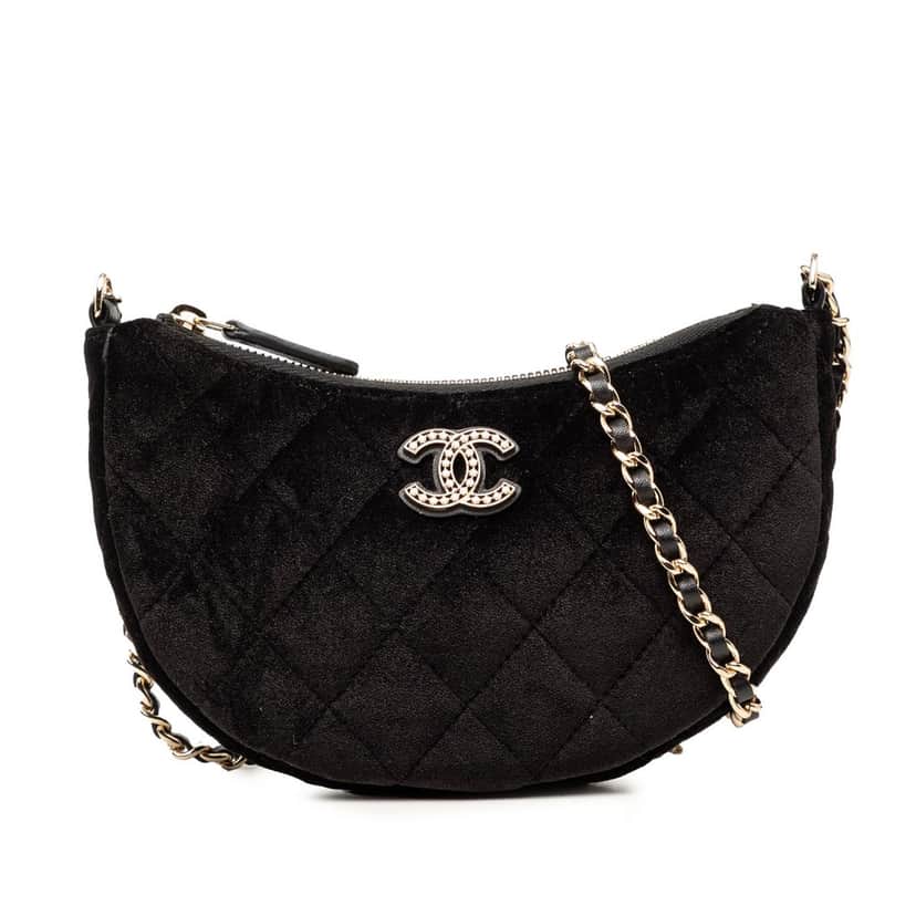 Chanel CC Quilted Velour Half Moon Chain Crossbody Black Very good condition - Front View