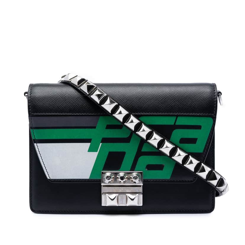 Prada Saffiano Trimmed City Calf Racing Logo Elektra Crossbody Black Leather Very good condition - Front View