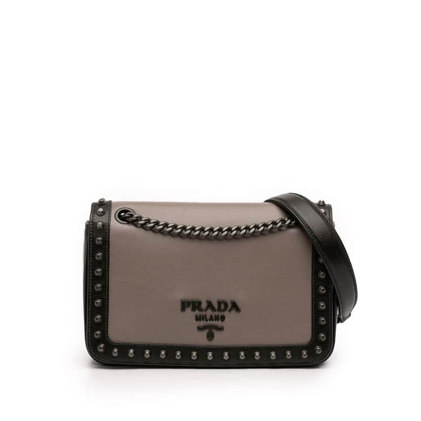 Prada Bicolor Glace Calfskin Studded Crossbody Brown Leather Very good condition - Front View