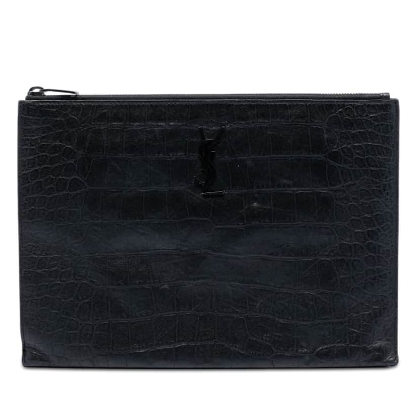 Saint Laurent Croc Embossed Leather Monogram Document Holder Black Leather Very good condition - Front View