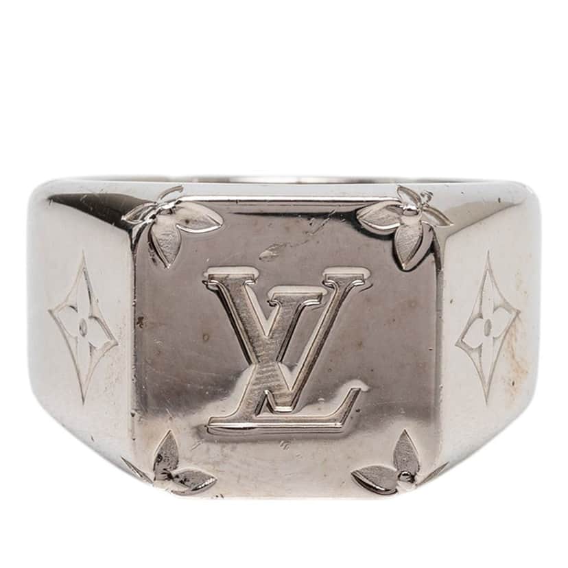 Louis Vuitton Brass Monogram Signet Ring M Silver Metal Very good condition - Front View