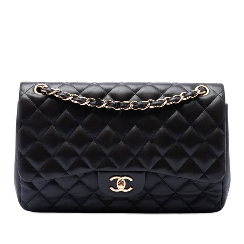 Chanel Jumbo Classic Lambskin Double Flap Black Leather Very good condition - Front View