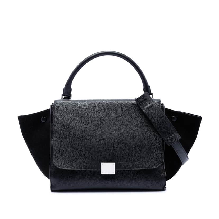 Celine Medium Drummed Calfskin and Suede Trapeze Satchel Black Leather Very good condition - Front View