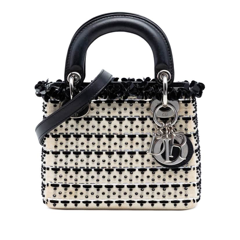 Dior Mini Canvas Bead and Sequin Embellished Lady Dior White Very good condition - Front View